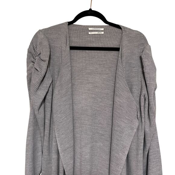 By Anthropologie Ruched Puff Sleeve Rib Knit Open Front Cardigan Sweater Gray XS - Picture 2 of 7